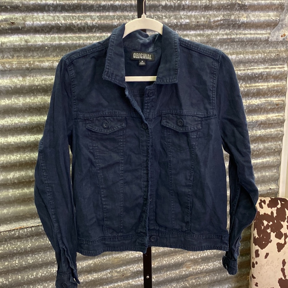 Nicole Miller Navy Blue Linen Jean Style Jacket Size M